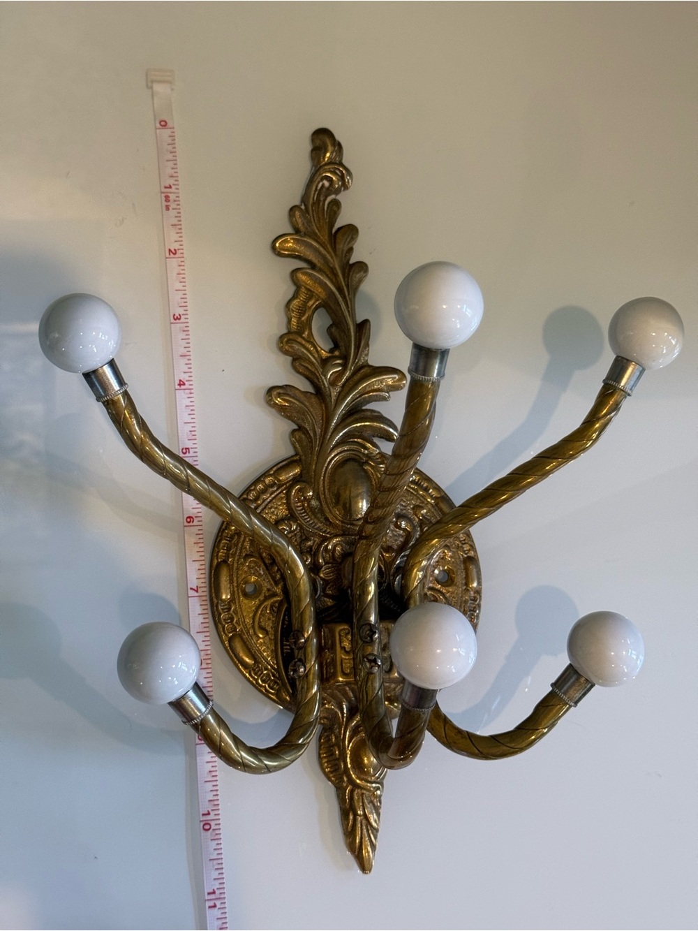 Vintage Brass Wall Hook Rack with White Ceramic Knobs - Picture 5 of 10